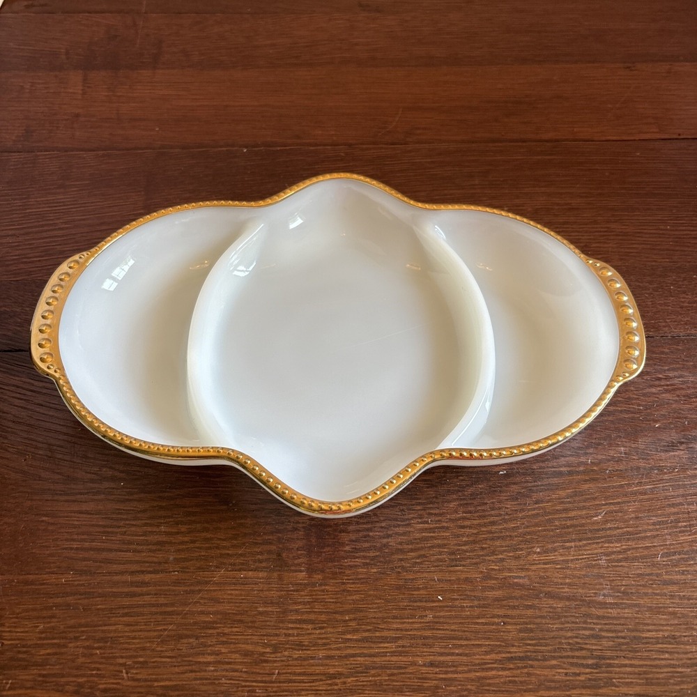 Vintage Fire King 3 Section Milk Glass Divided Serving Dish Bowl Gold Trim Bead